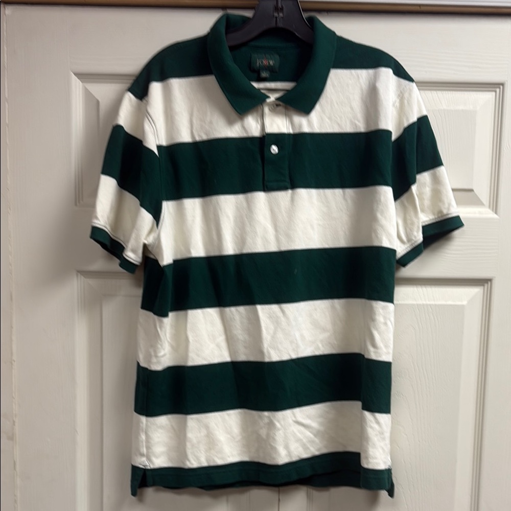 J. Crew Pique Rugby Polo Shirt Dark Green and White Striped Large